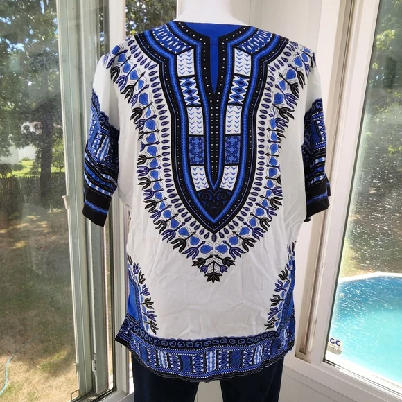 Blue & White Traditional Print Short Sleeve Cotton Dashiki Tunic Shirt Unisex - Picture 4 of 15